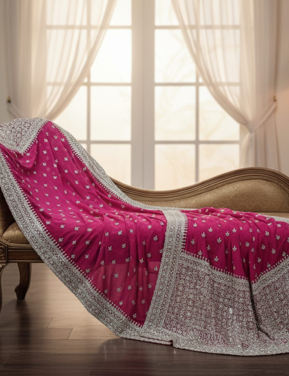 DARK PINK PARTY WEAR SAREE WITH HEAVY SILVER EMBROIDERY BORDER ✨