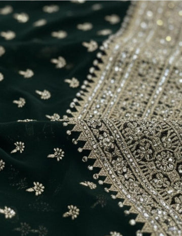 DARK GREEN PARTY WEAR SAREE WITH HEAVY SILVER EMBROIDERY BORDER ✨