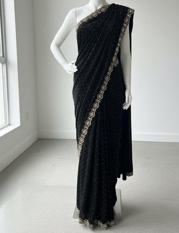 ROYAL BLACK PARTY WEAR SAREE WITH STONE & MIRROR WORK BORDER ✨