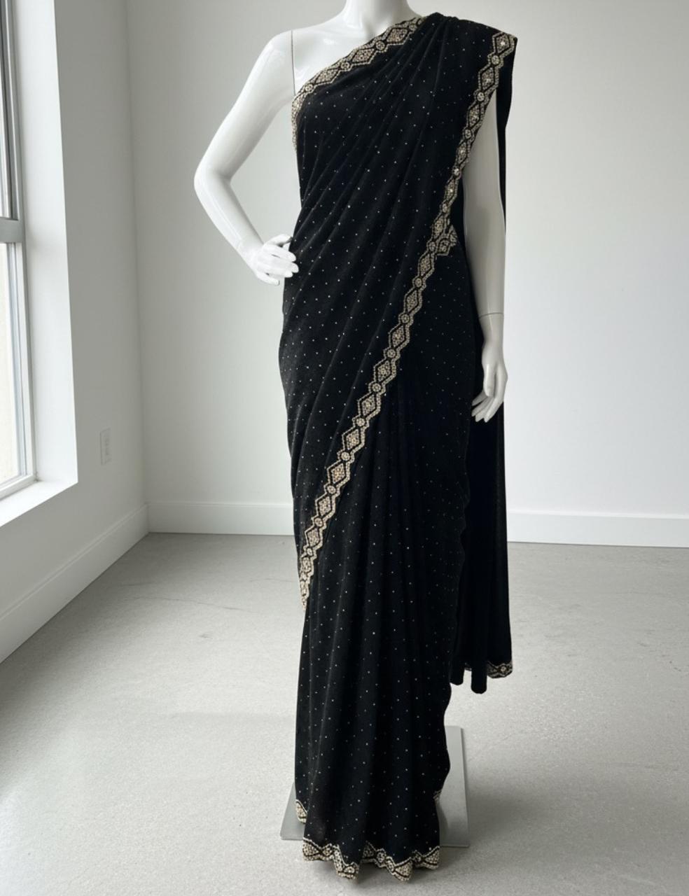 ROYAL BLACK PARTY WEAR SAREE WITH STONE & MIRROR WORK BORDER ✨