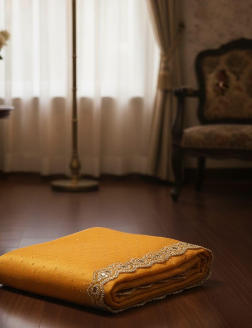 GOLDEN YELLOW PARTY WEAR SAREE WITH STONE & MIRROR WORK BORDER ✨