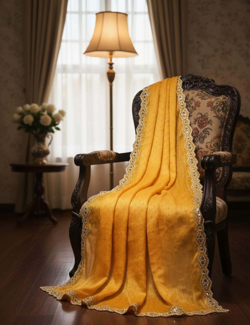 GOLDEN YELLOW PARTY WEAR SAREE WITH STONE & MIRROR WORK BORDER ✨