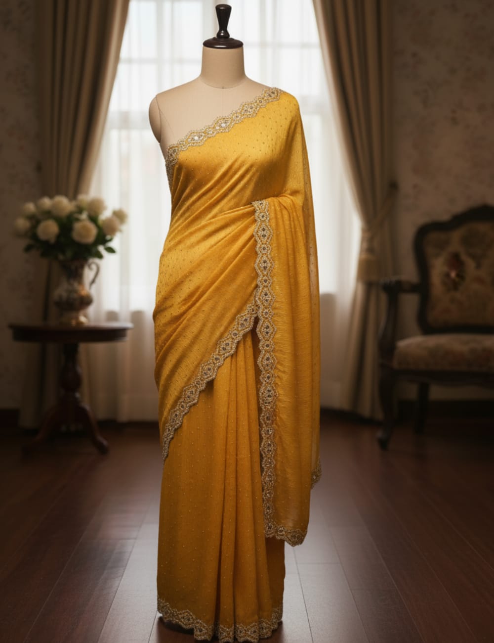 GOLDEN YELLOW PARTY WEAR SAREE WITH STONE & MIRROR WORK BORDER ✨