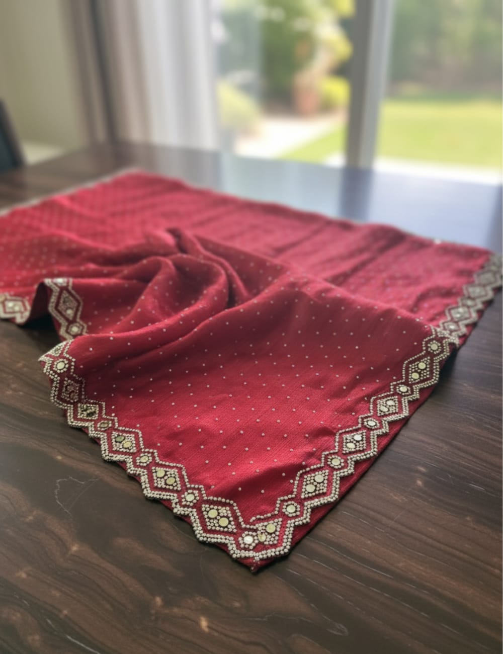 RED PARTY WEAR SAREE WITH STONE & MIRROR WORK BORDER ✨