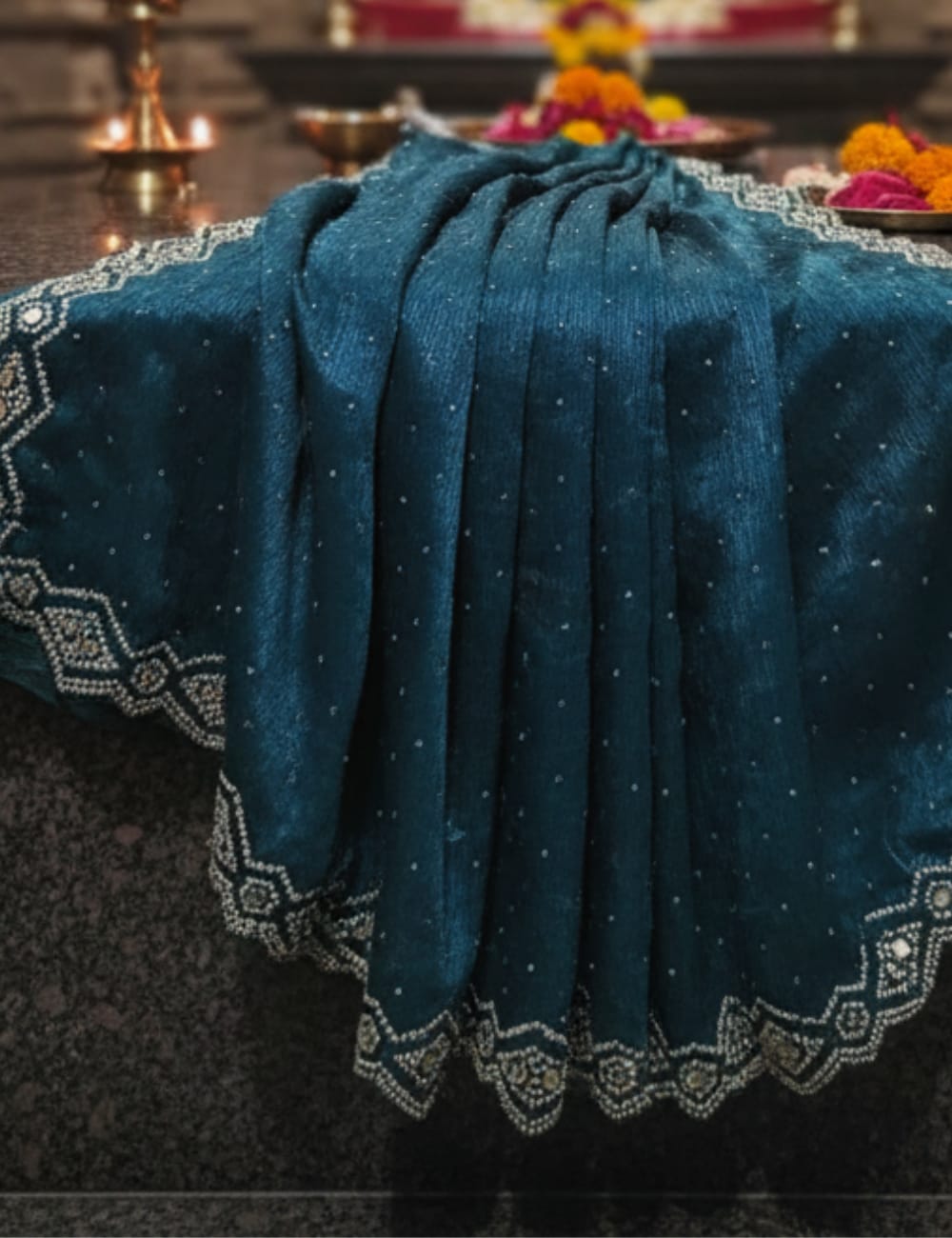 DEEP TEAL GREEN PARTY WEAR SAREE WITH STONE & MIRROR WORK BORDER ✨
