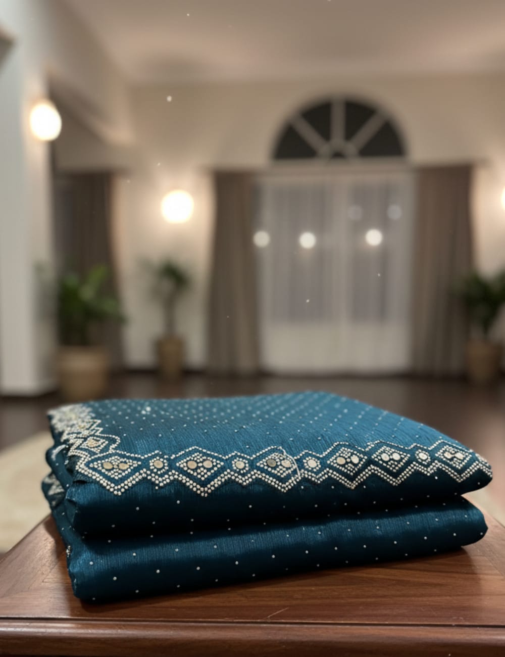 DEEP TEAL GREEN PARTY WEAR SAREE WITH STONE & MIRROR WORK BORDER ✨