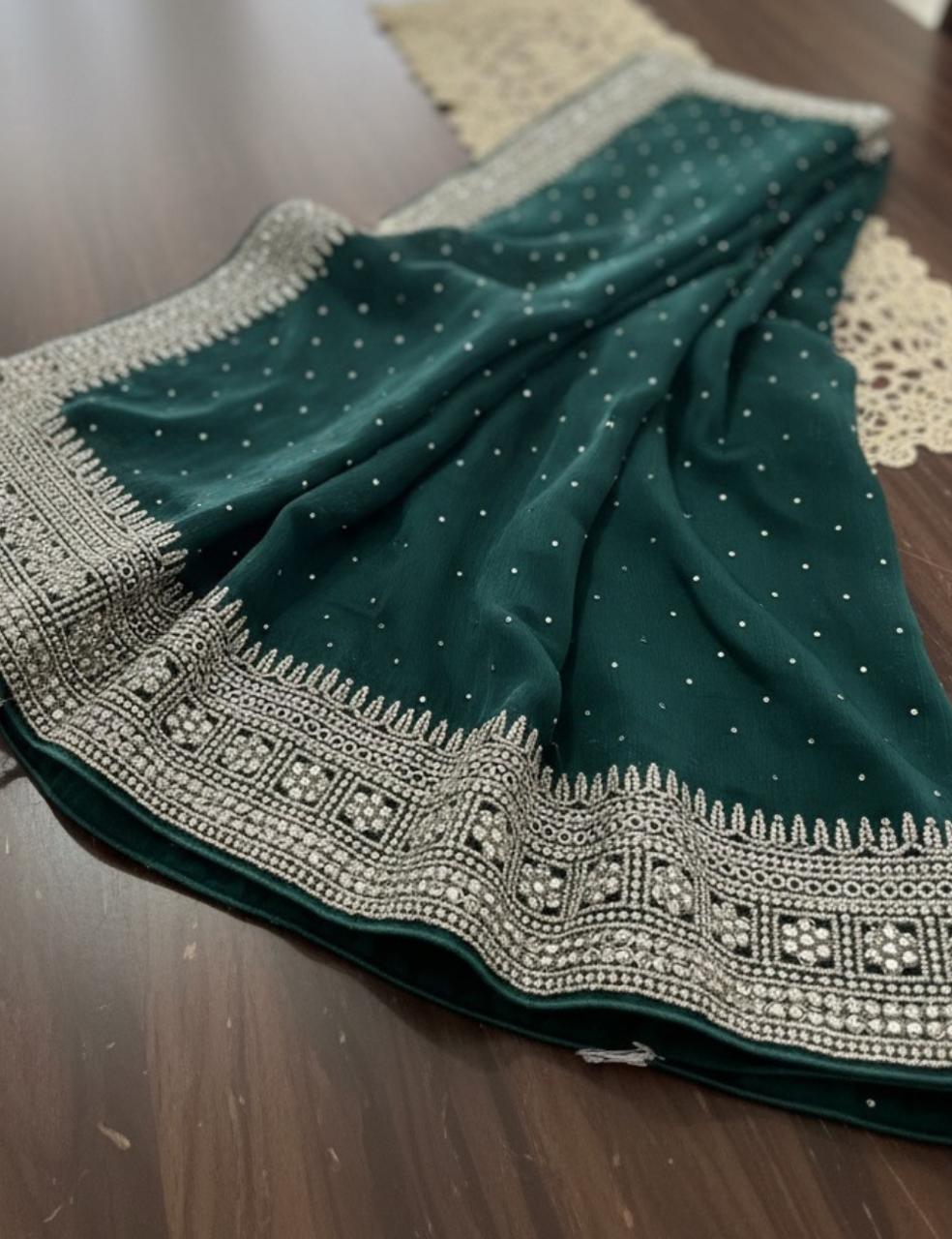 DARK GREEN PARTY WEAR SAREE WITH HEAVY SILVER STONE & MIRROR WORK BORDER ✨