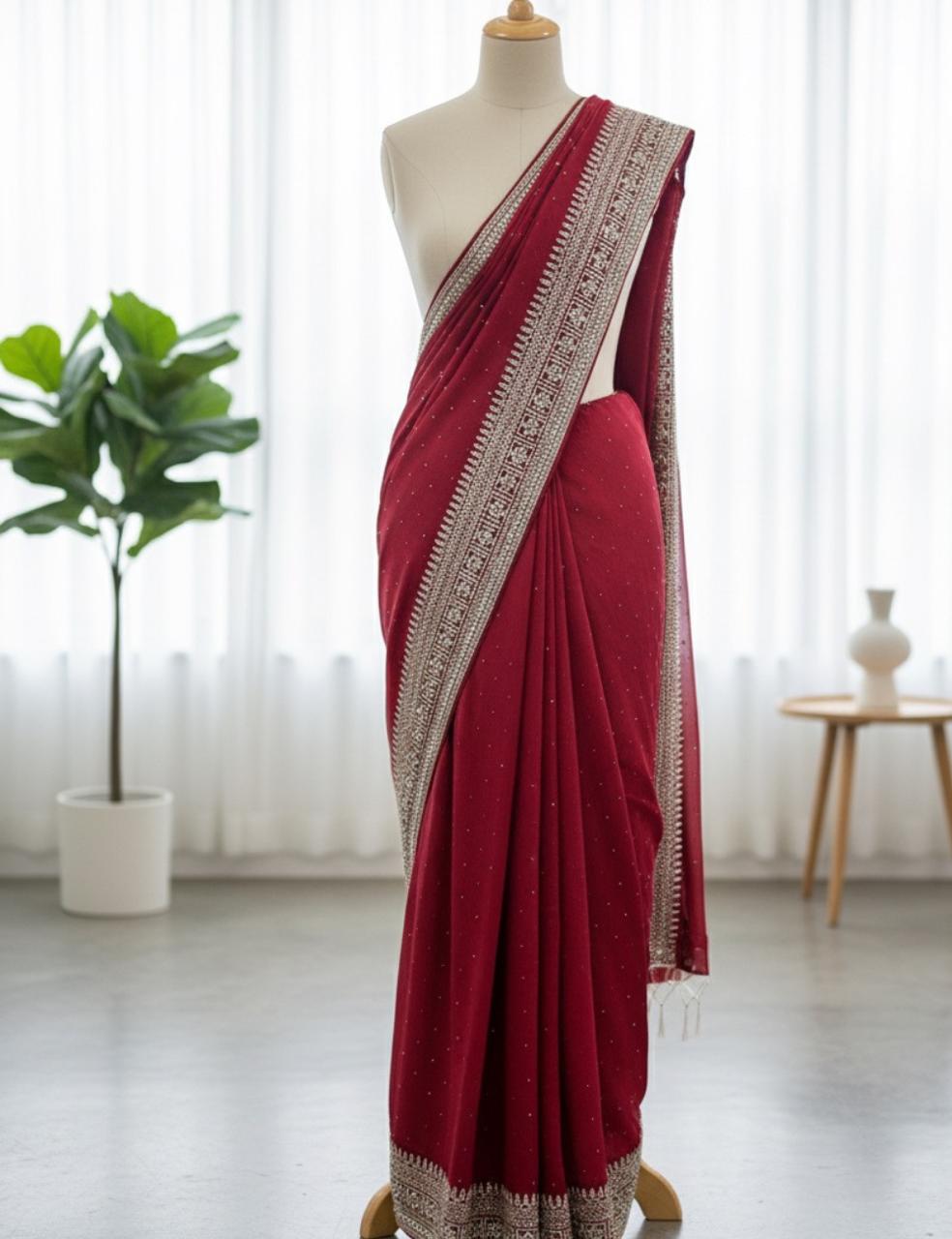 RANI PINK PARTY WEAR SAREE WITH HEAVY SILVER STONE & MIRROR WORK BORDER ✨