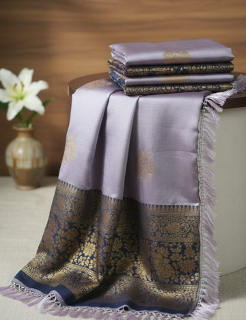 Elegant Silver Grey Silk Saree with Rich Navy Blue Zari Border