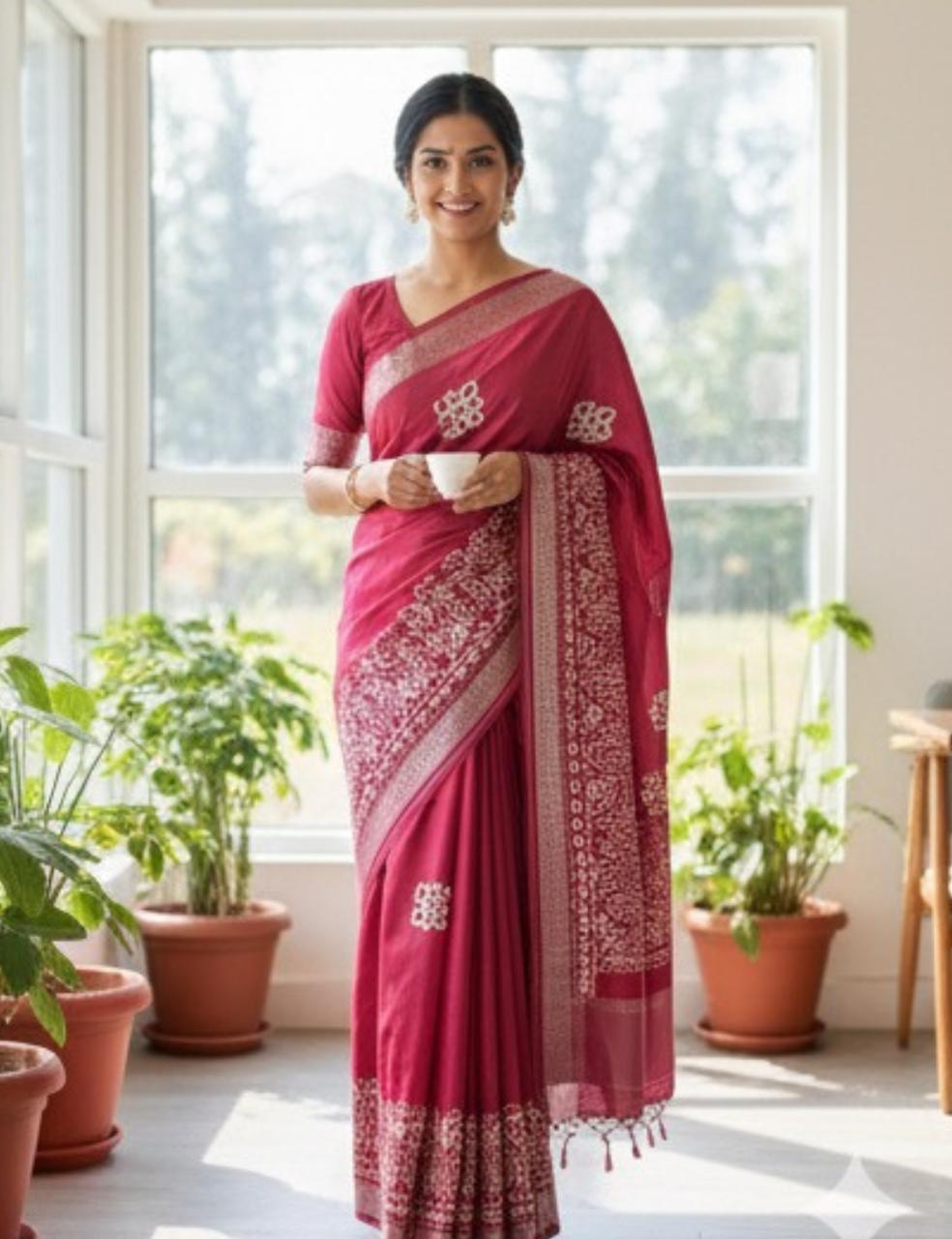 Graceful Deep Pink Silk Saree with Intricate White Motif Border