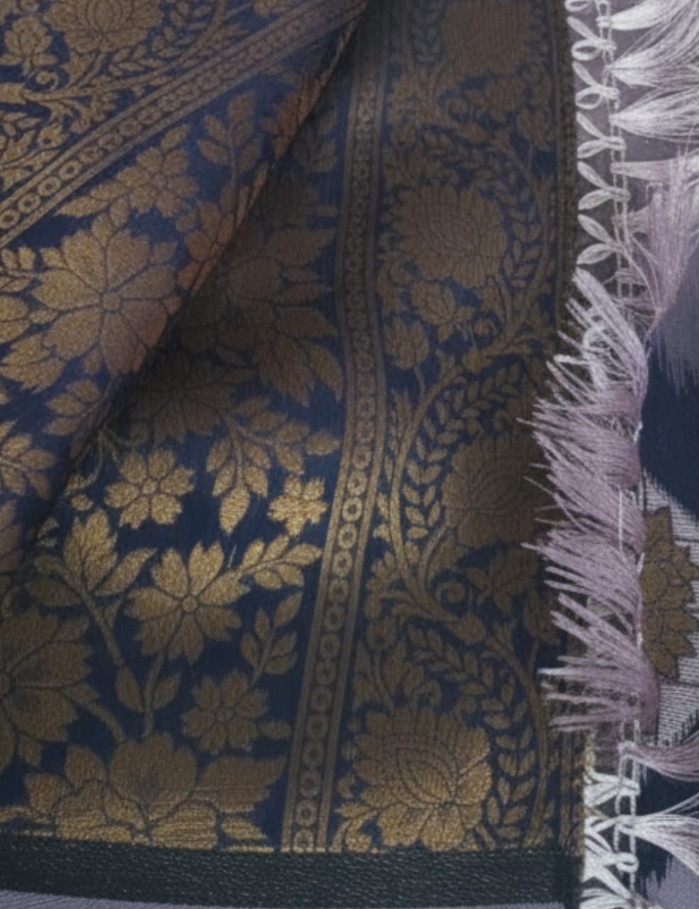 Elegant Silver Grey Silk Saree with Rich Navy Blue Zari Border