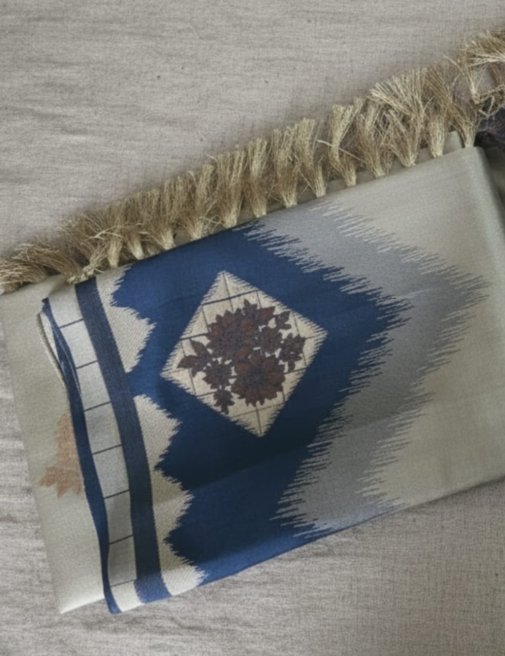 Classic Ikat Silk Saree with Navy Blue Floral Zari Border