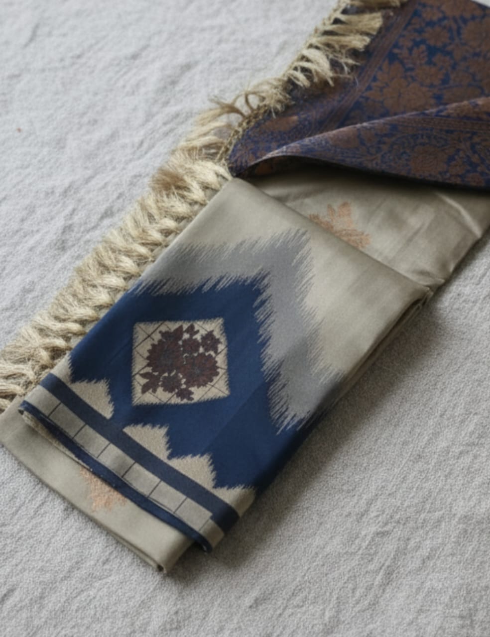 Classic Ikat Silk Saree with Navy Blue Floral Zari Border
