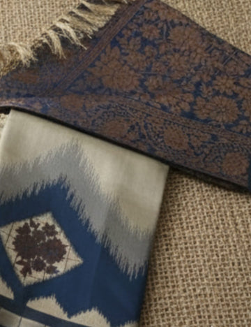 Classic Ikat Silk Saree with Navy Blue Floral Zari Border