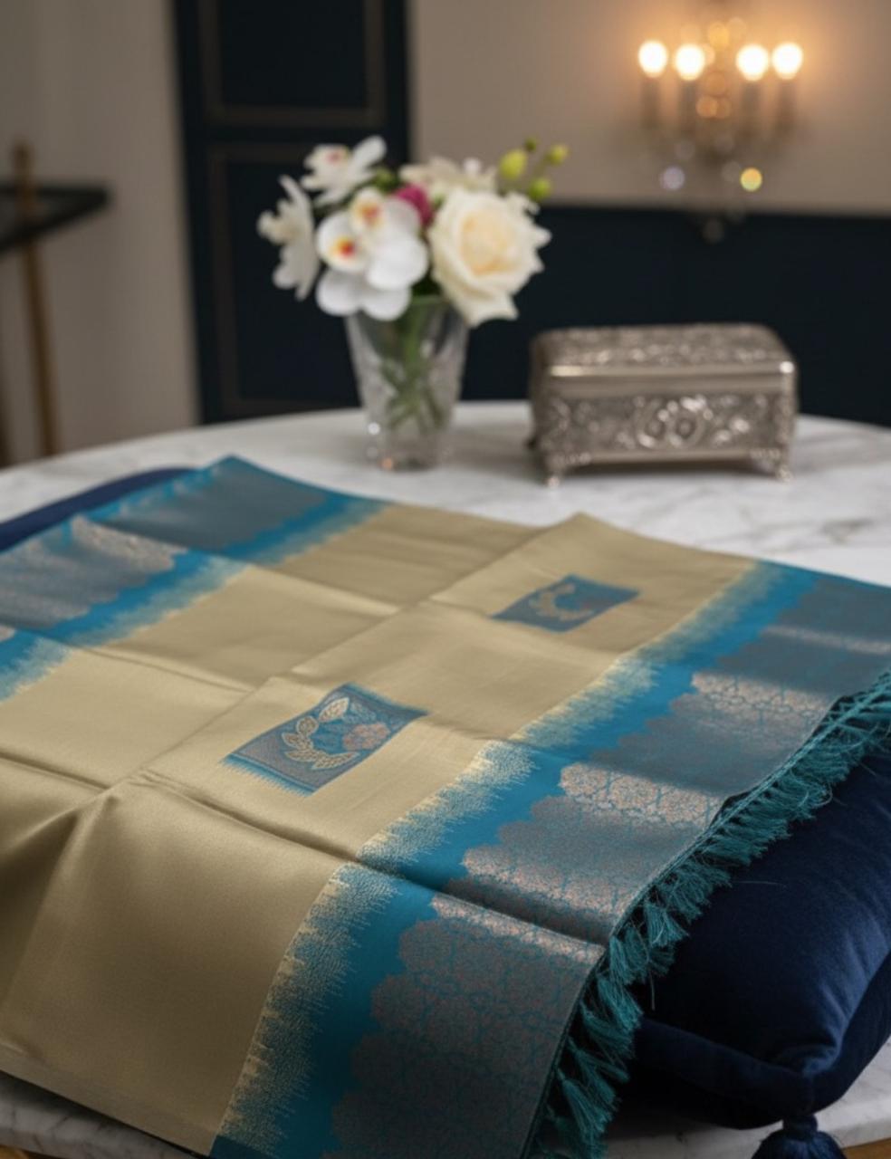 Premium Silk Saree with Shaded Blue Border – Beige Elegance