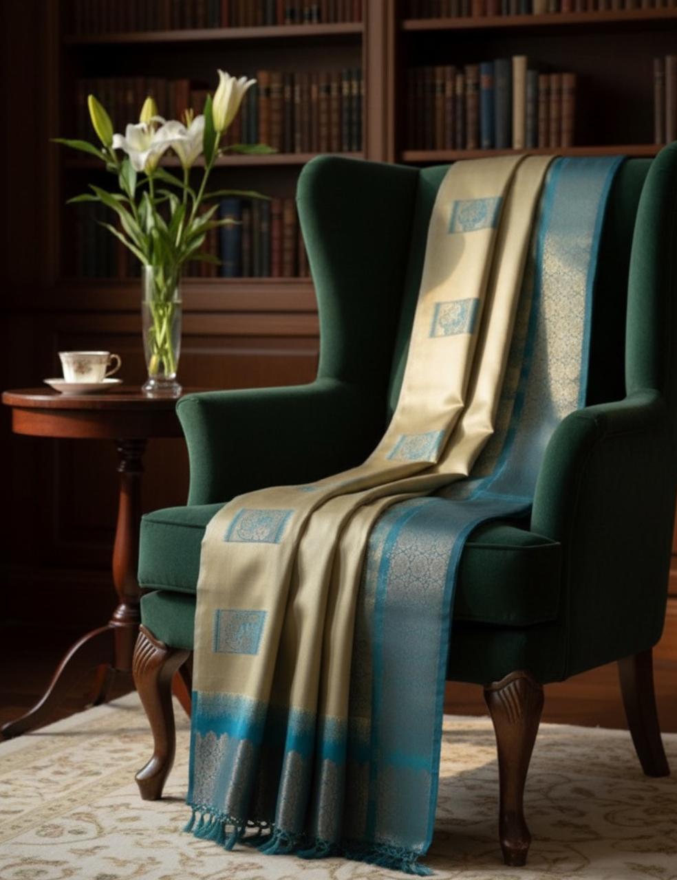 Premium Silk Saree with Shaded Blue Border – Beige Elegance