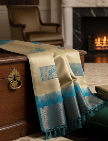 Premium Silk Saree with Shaded Blue Border – Beige Elegance