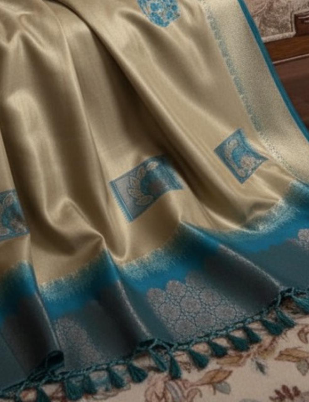 Premium Silk Saree with Shaded Blue Border – Beige Elegance