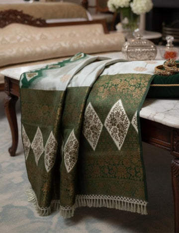 Premium Green Silk Saree with Golden Weaves & Diamond Floral Motifs