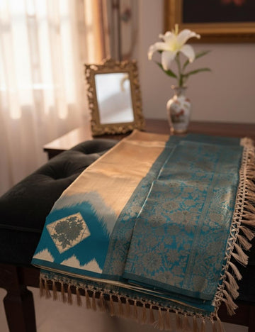 Premium Silk Saree with Dual-Tone Golden & Teal Elegance