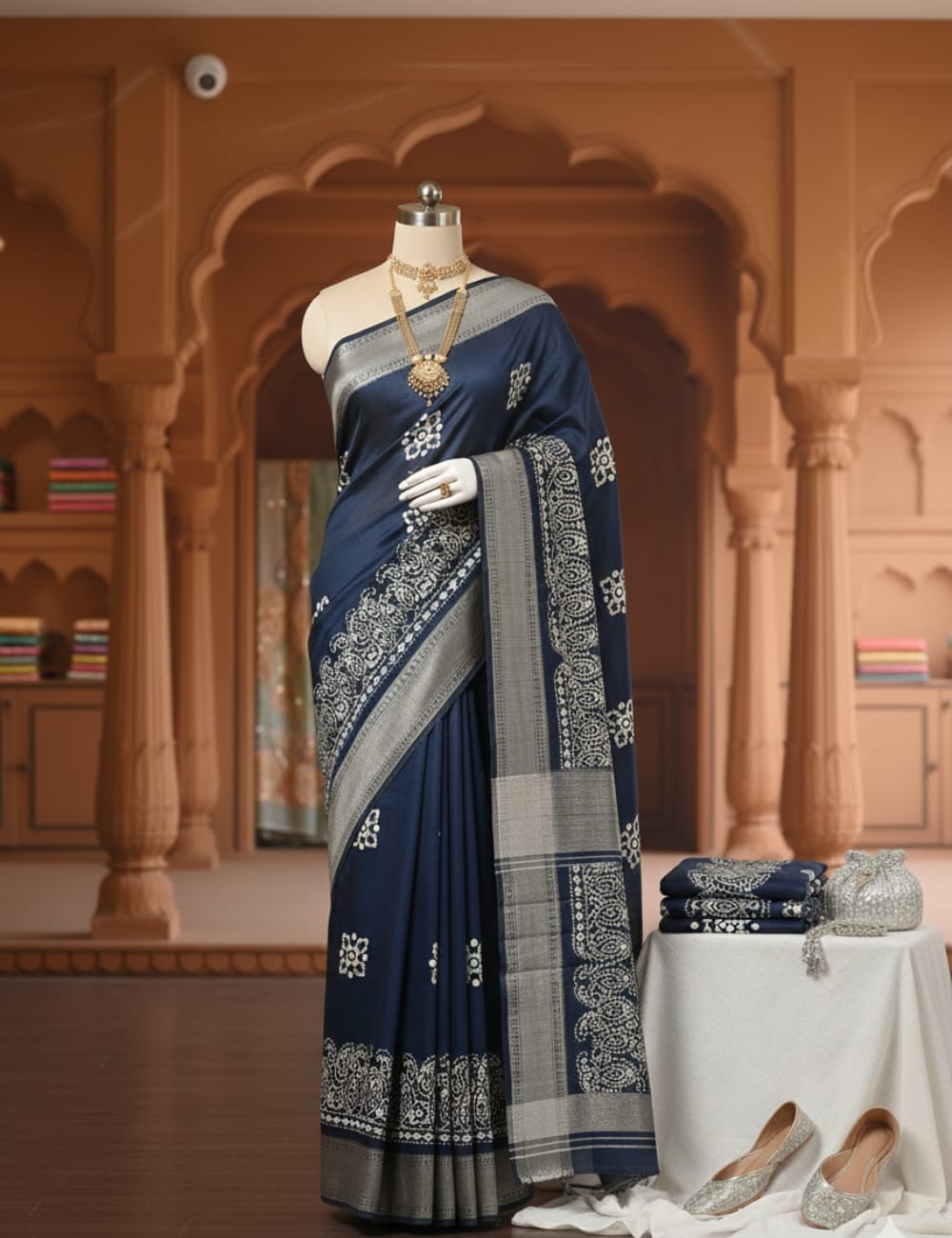 Premium Navy Blue Silk Saree with Golden Floral Motifs