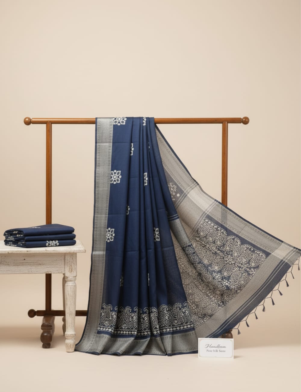 Premium Navy Blue Silk Saree with Golden Floral Motifs