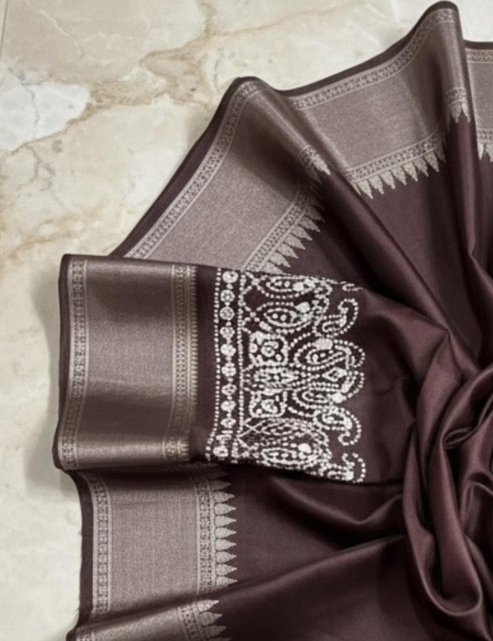 Premium Chocolate Brown Silk Saree with Silver Zari Border
