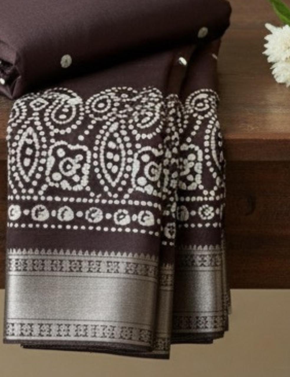 Premium Chocolate Brown Silk Saree with Silver Zari Border
