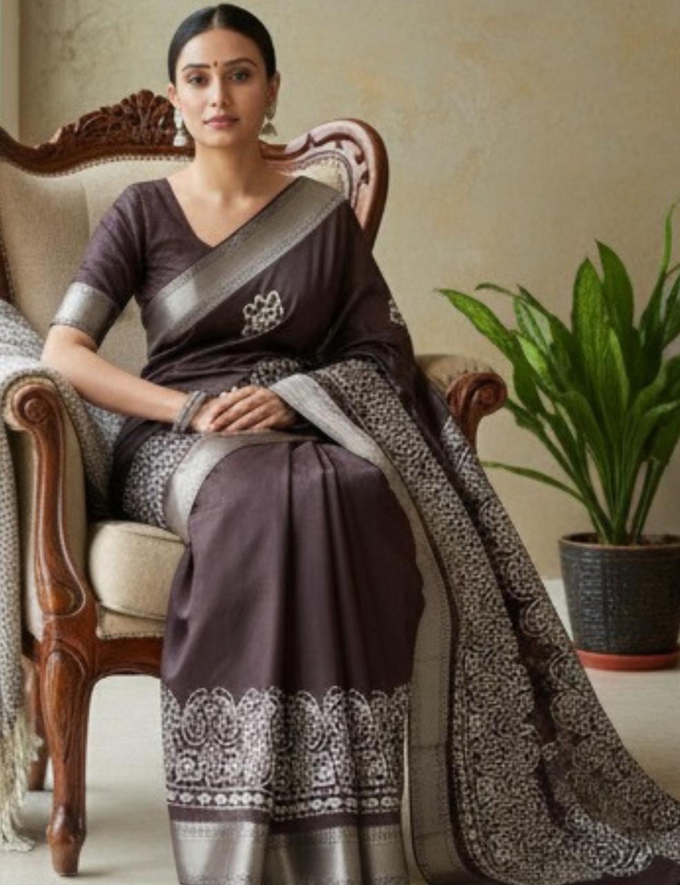 Premium Chocolate Brown Silk Saree with Silver Zari Border
