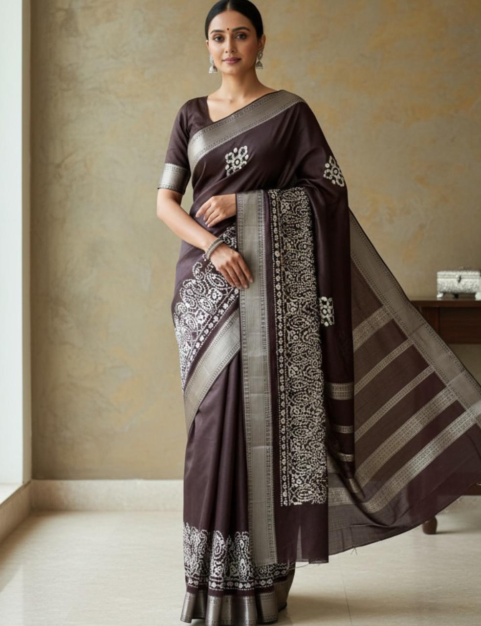 Premium Chocolate Brown Silk Saree with Silver Zari Border
