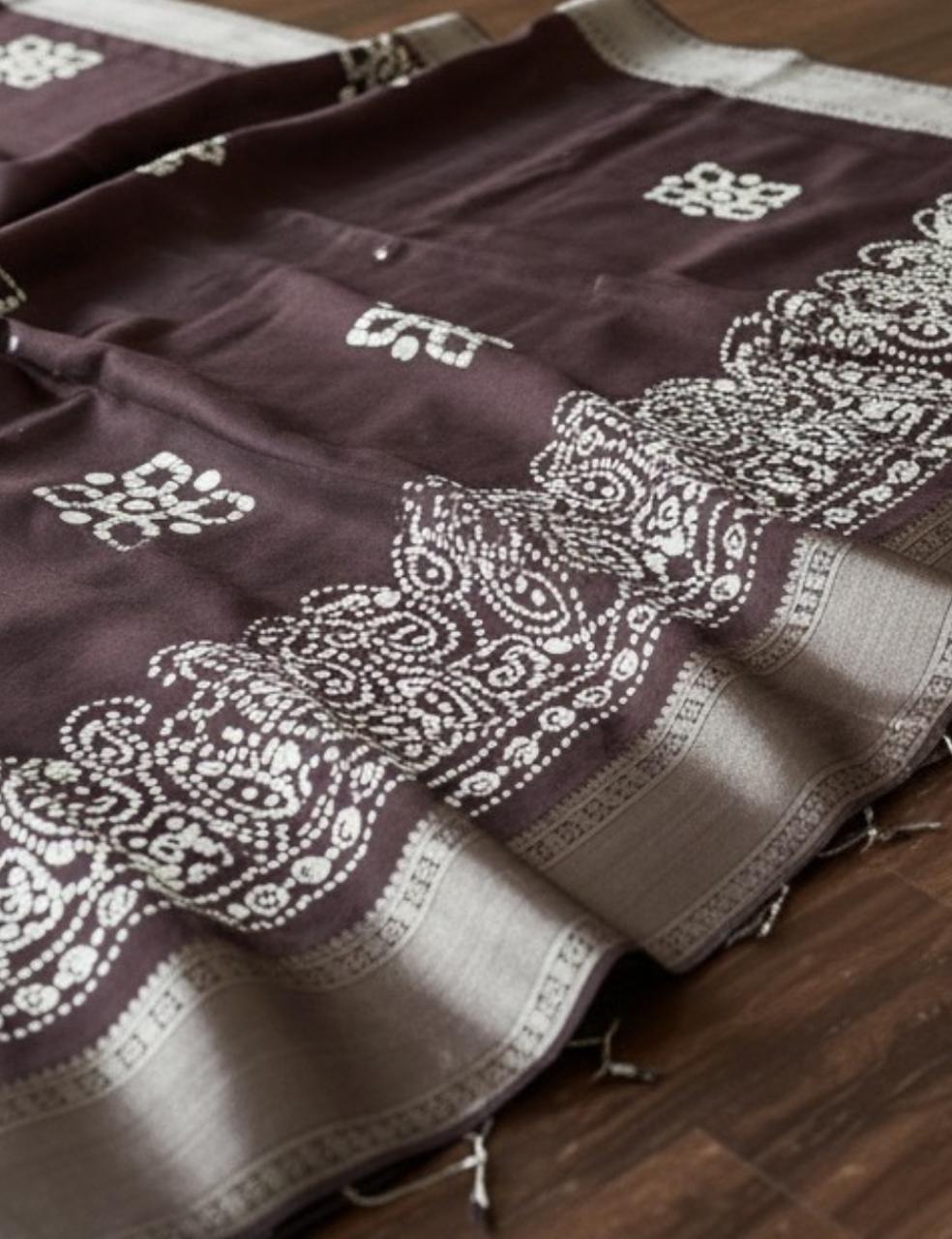 Premium Chocolate Brown Silk Saree with Silver Zari Border