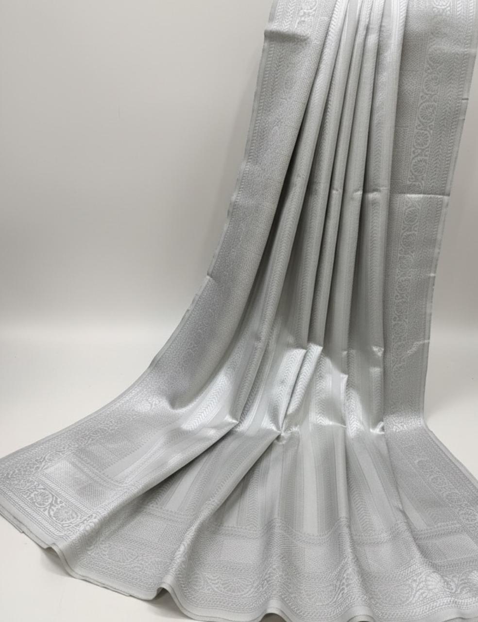 Elegant Silver Silk Saree with Intricate Self-Zari Weave