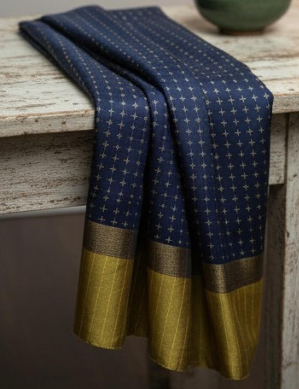 Premium Navy Blue Silk Saree with Tiny White Ikat Pattern