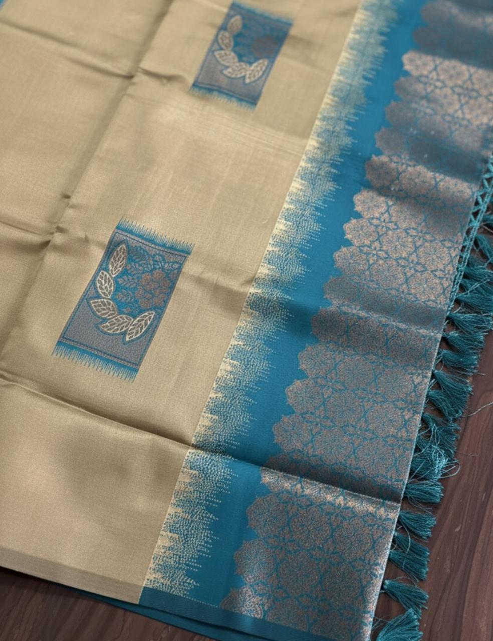 Premium Silk Saree with Shaded Blue Border – Beige Elegance