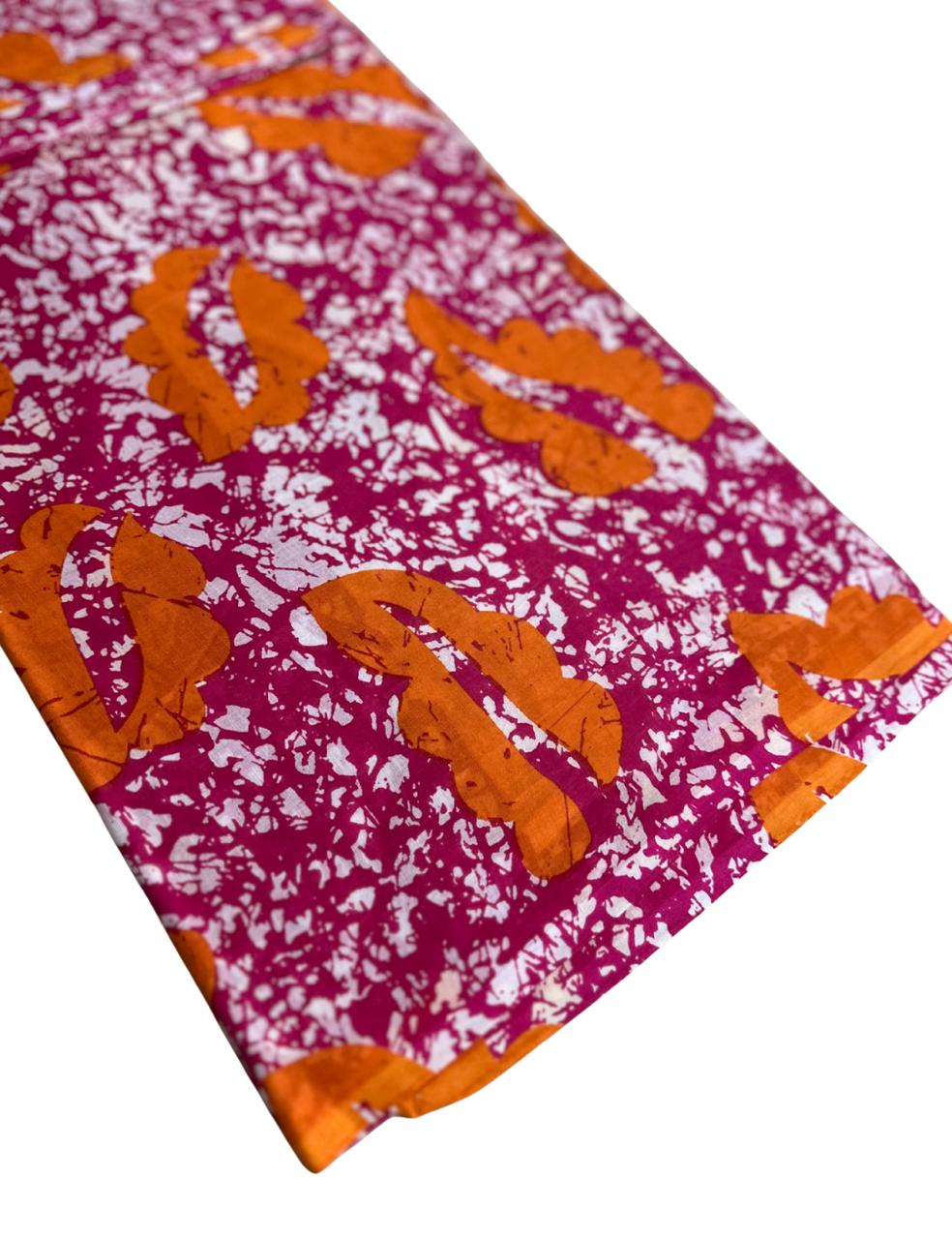 Handcrafted Magenta Orange Malmal Cotton Batik Saree with Contrast Printed Blouse