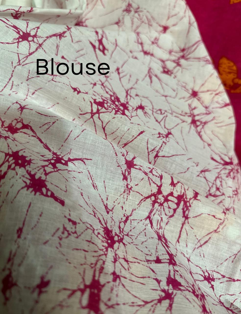 Handcrafted Magenta Orange Malmal Cotton Batik Saree with Contrast Printed Blouse