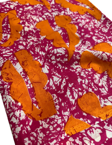 Handcrafted Magenta Orange Malmal Cotton Batik Saree with Contrast Printed Blouse