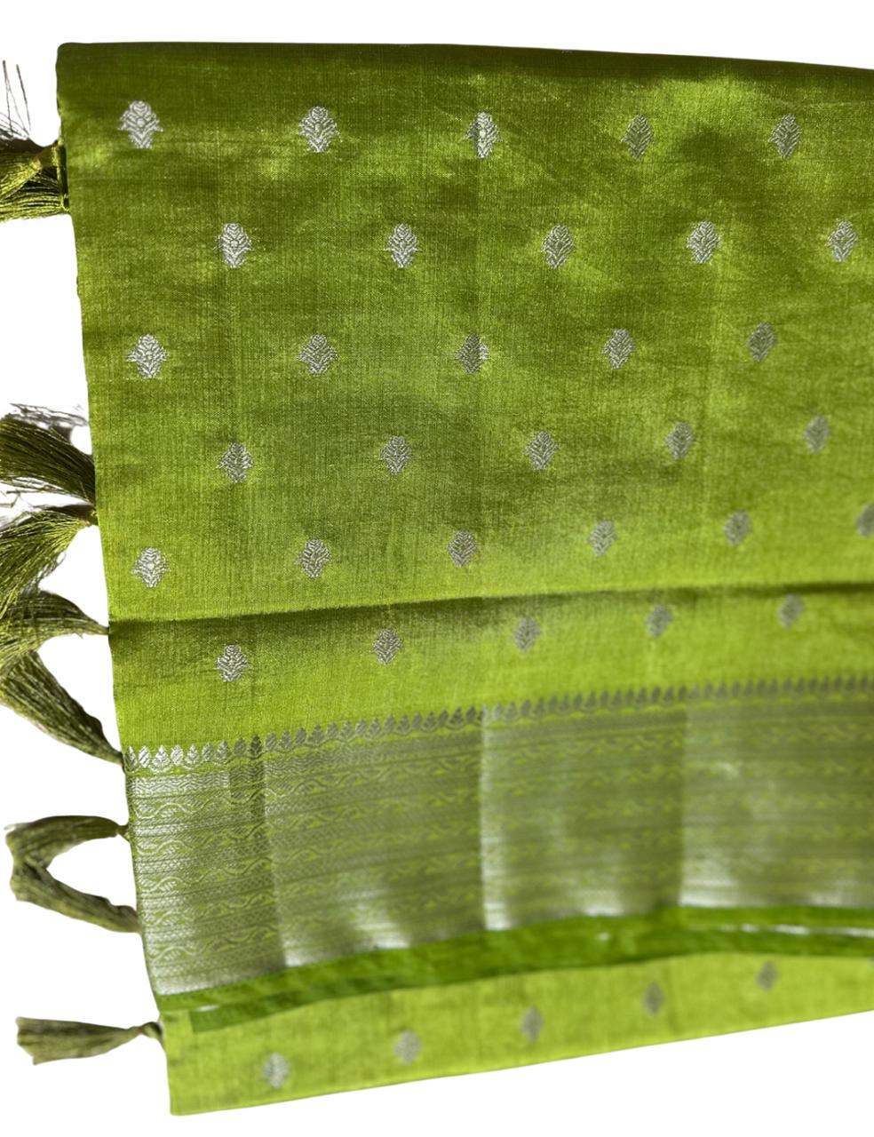 “Soft Parrot Green Tusser Silk Saree – A Blend of Grace & Elegance”