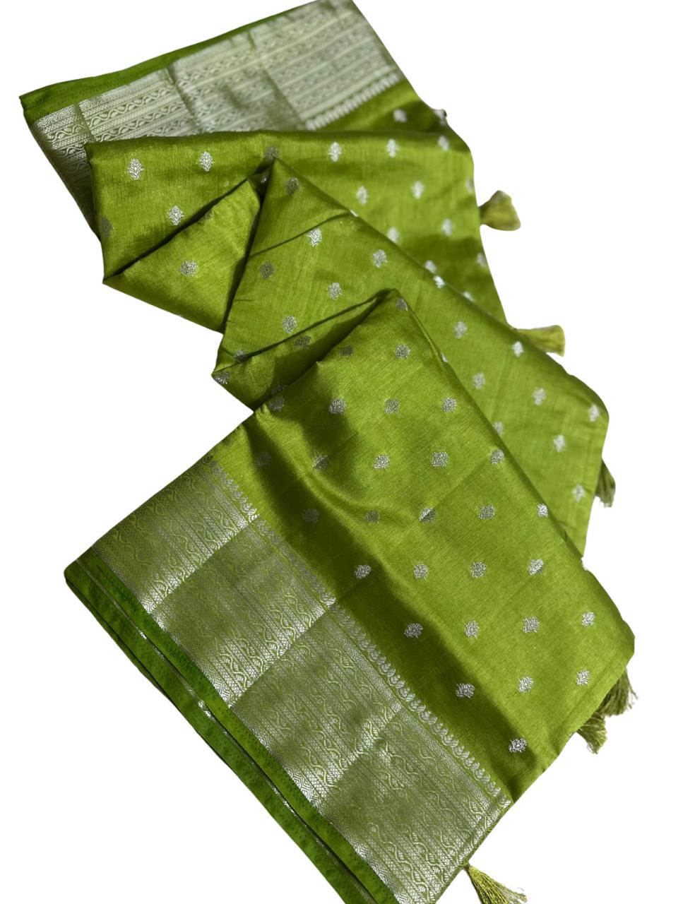 “Soft Parrot Green Tusser Silk Saree – A Blend of Grace & Elegance”