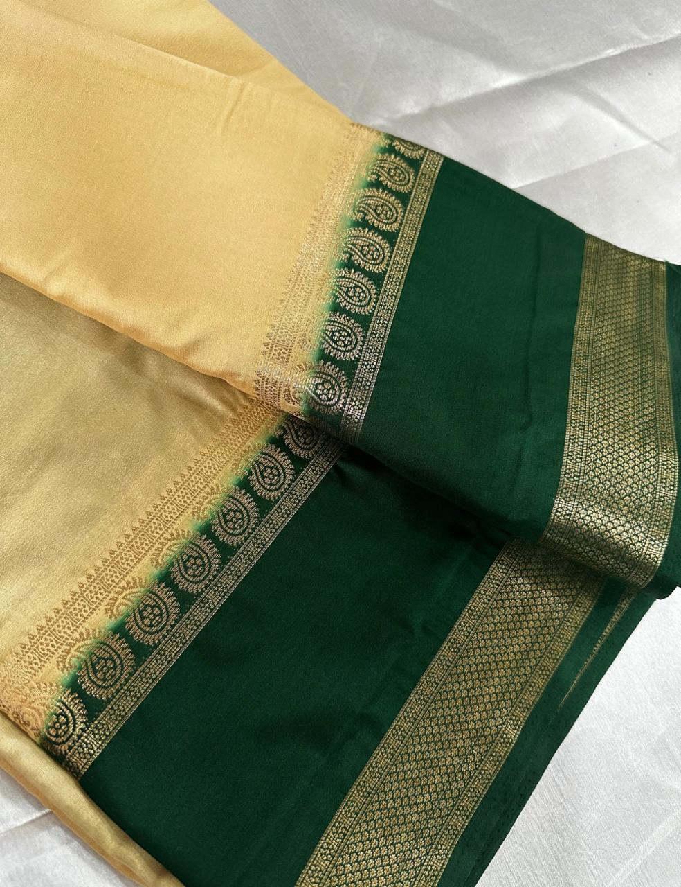 "GOLDEN CREPE SILK WITH CLASSIC GREEN CHARM"