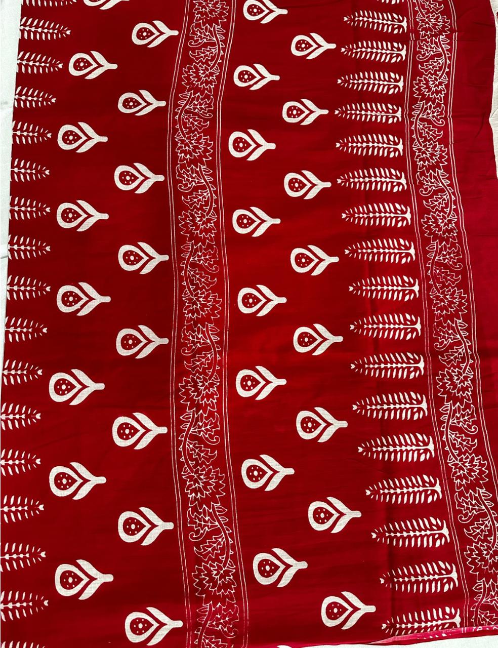 Crimson Red Handblock Printed Mulmul Cotton Saree with White Leaf Motifs