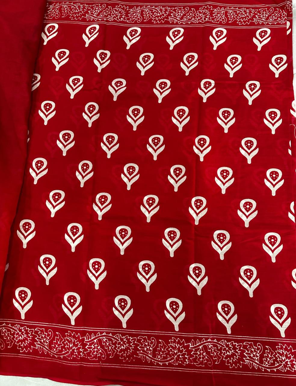 Crimson Red Handblock Printed Mulmul Cotton Saree with White Leaf Motifs