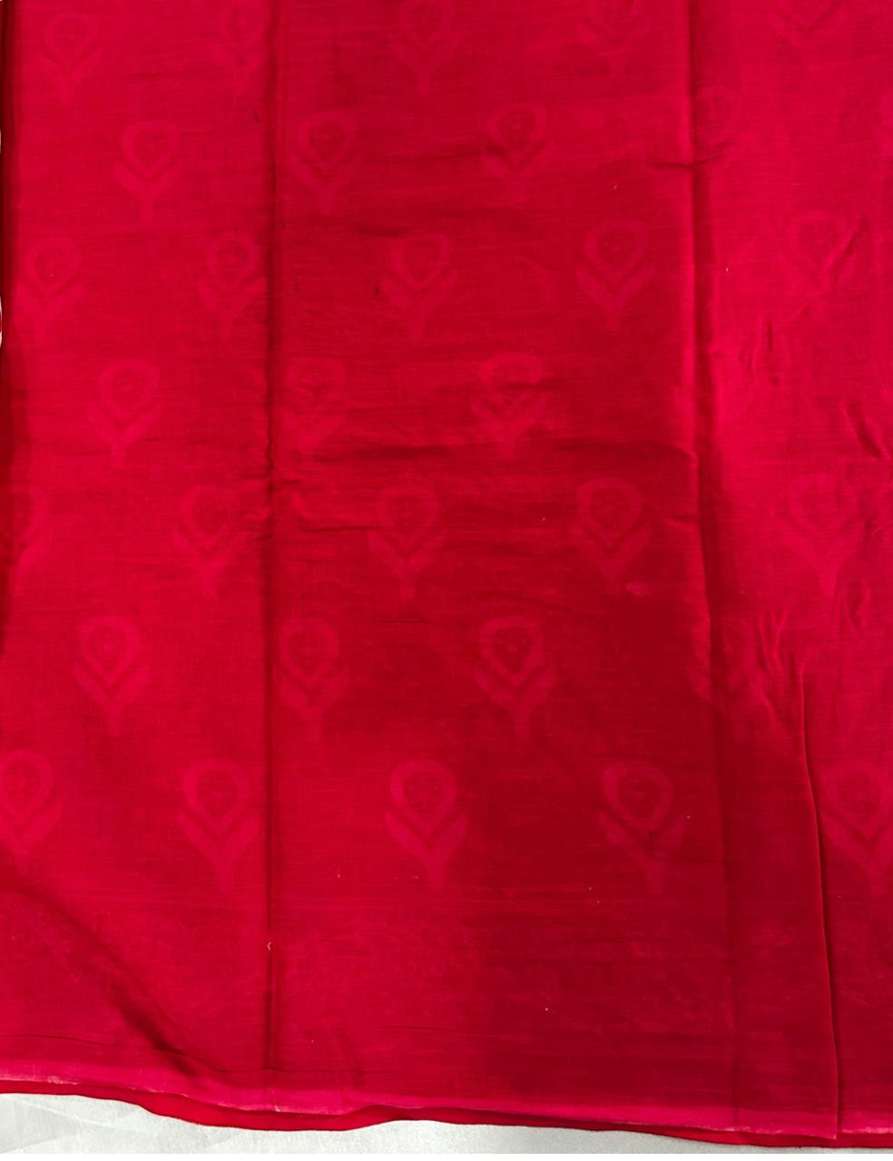 Crimson Red Handblock Printed Mulmul Cotton Saree with White Leaf Motifs