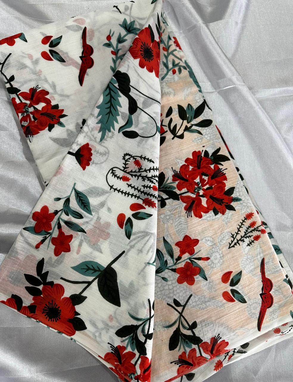 Ivory White Mulmul Cotton Saree with Red Floral & Bird Print