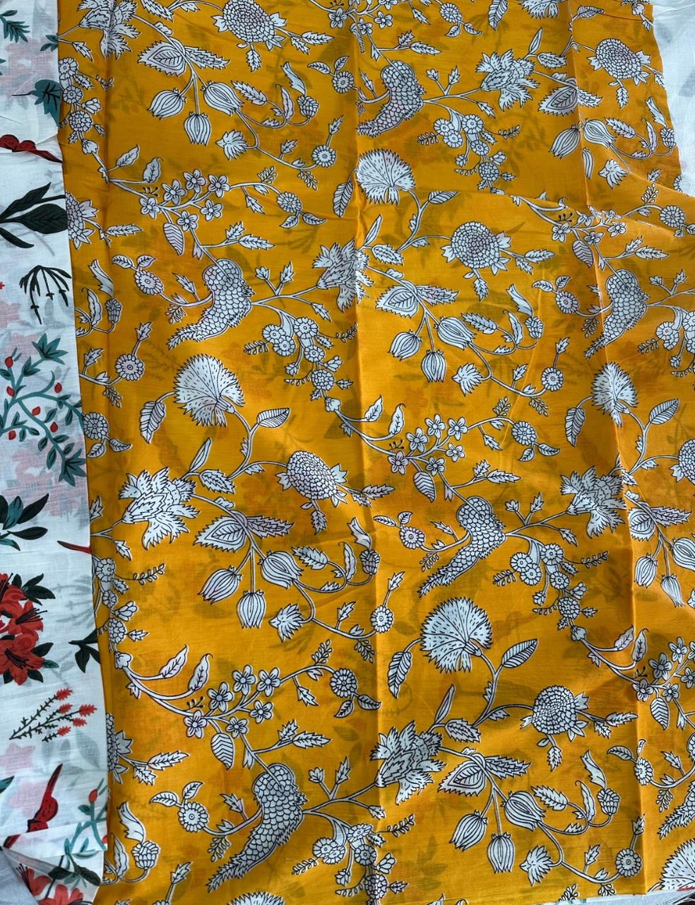 Ivory White Mulmul Cotton Saree with Red Floral & Bird Print