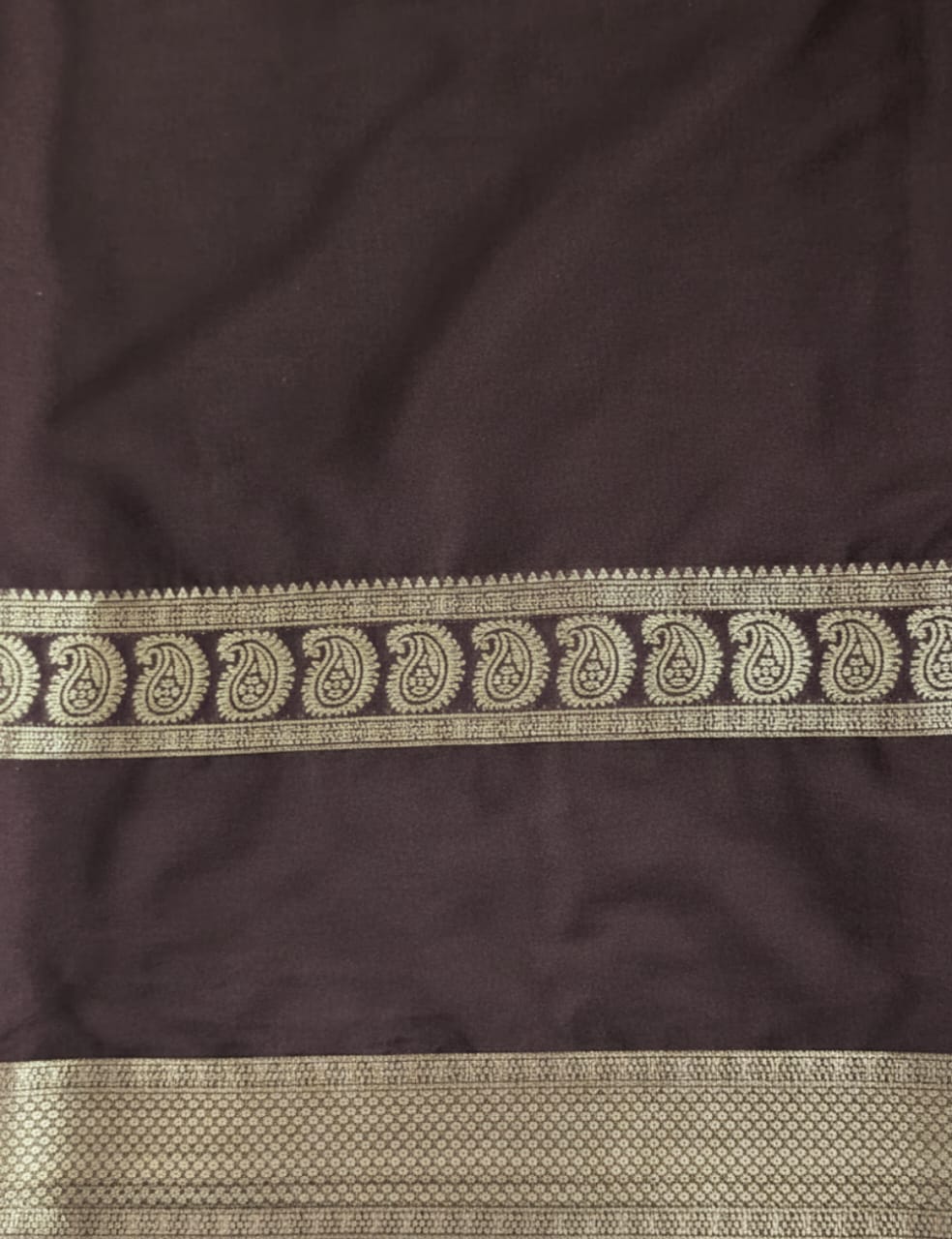 “Dark Maroon Crepe Silk Saree And Coffee With Zari Border”