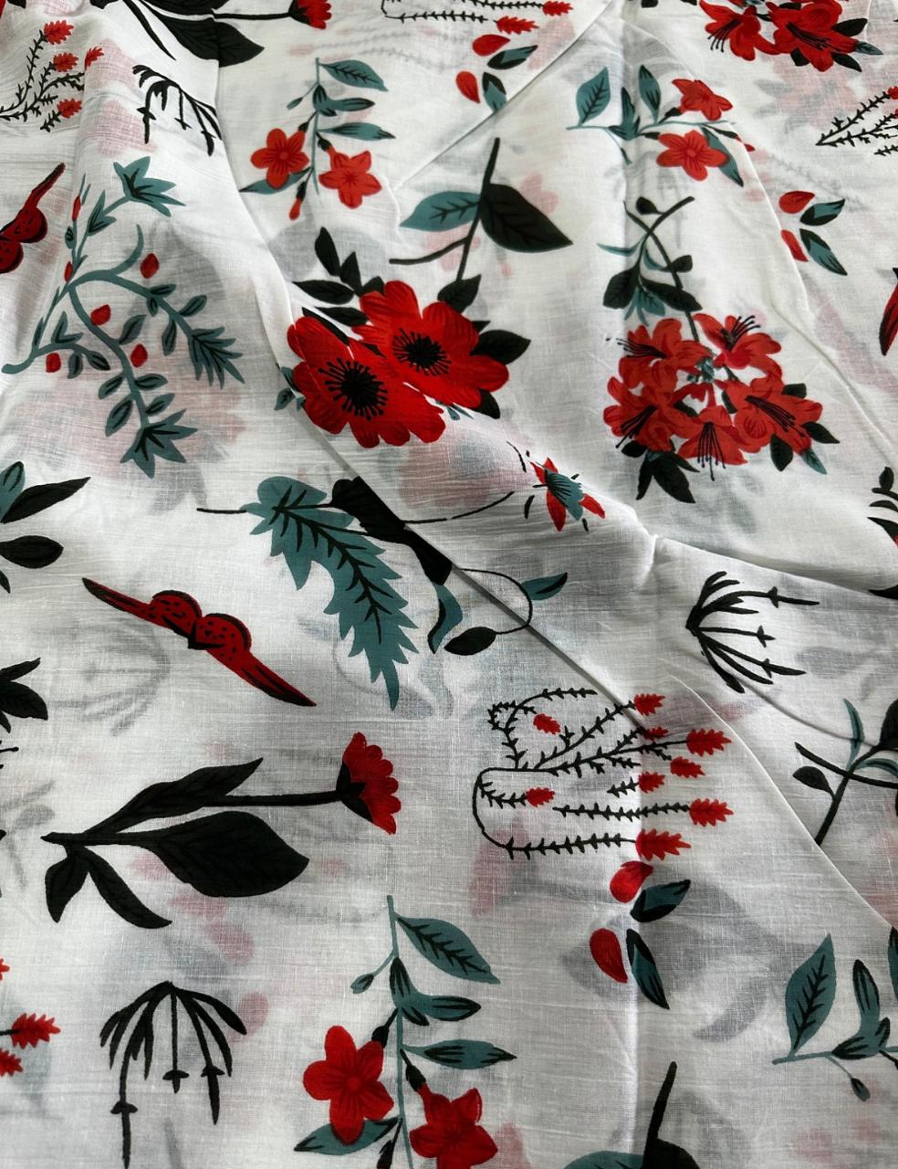Ivory White Mulmul Cotton Saree with Red Floral & Bird Print