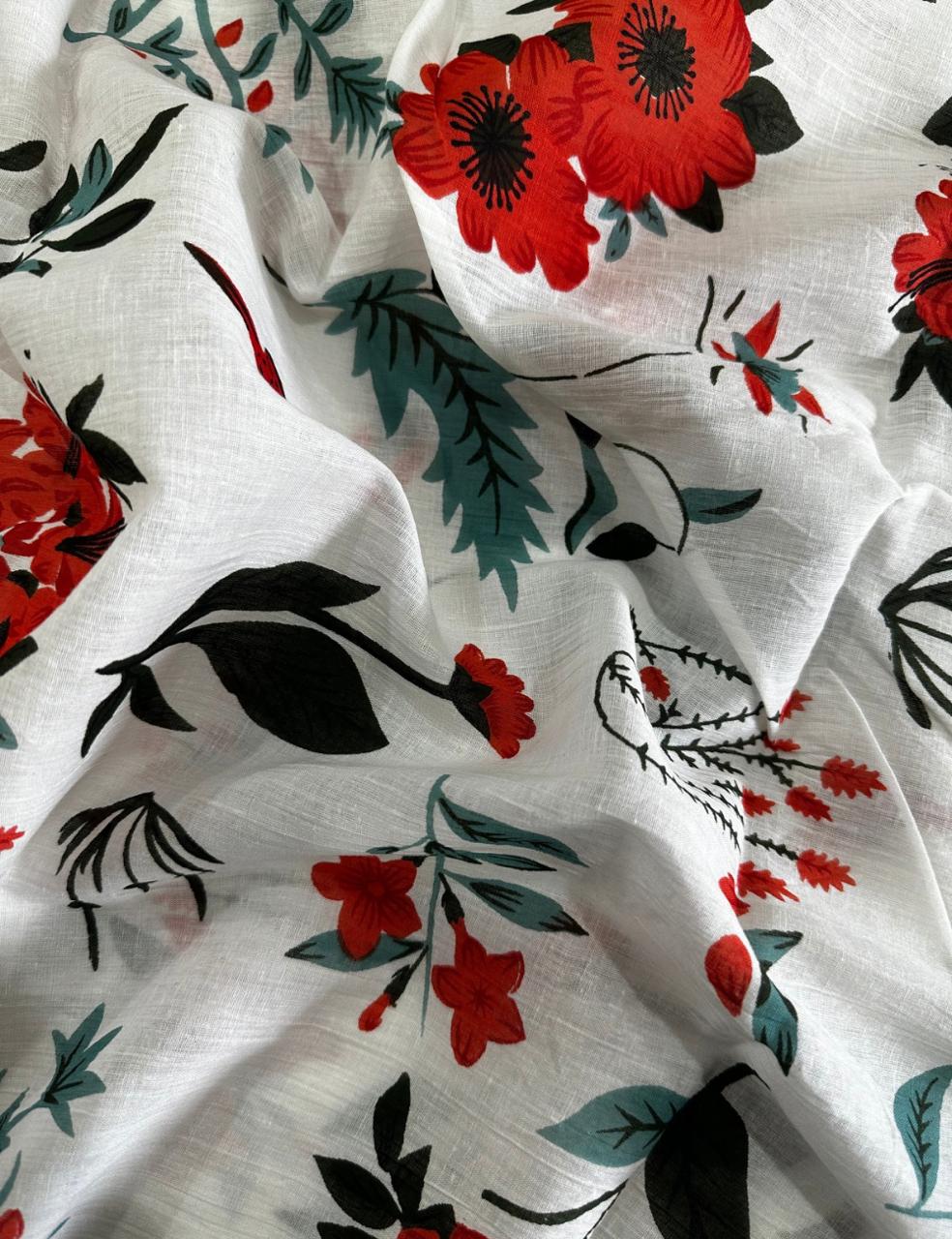 Ivory White Mulmul Cotton Saree with Red Floral & Bird Print