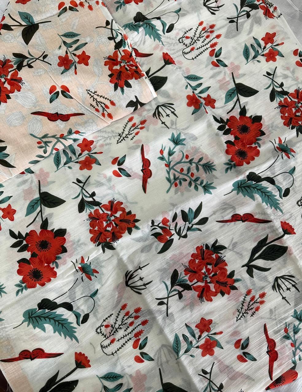 Ivory White Mulmul Cotton Saree with Red Floral & Bird Print