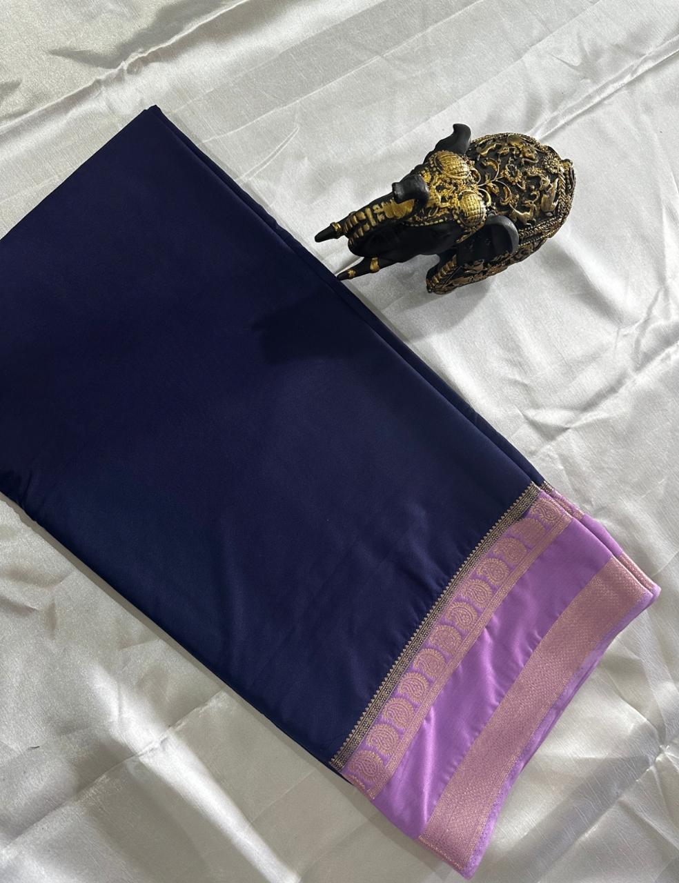 “Graceful Blue Crepe Silk Saree with Lavender Border”